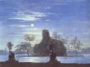 Karl friedrich schinkel The Garden of Sarastro by Moonlight with Sphinx,decor for Mozart-s opera Die Zauberflote oil painting artist